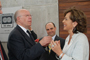 Rosaura Ruiz y José Narro, previo al inicio de la ceremonia por el 50 aniversario de la Academia Mexicana de Ciencias.