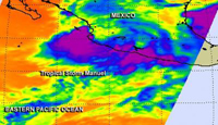 Imagen infrarroja de la tormenta tropical Manuel captada el 16 de septiembre de 2013. Las áreas púrpura indican precipitaciones intensas.