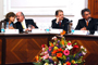 Rosaura Ruiz, presidenta de la AMC;  Rafael López Castañares, secretario ejecutivo de la ANUIES; Juan Pedro Laclette, coordinador general del Foro Consultivo Científico y Tecnológico, y Enrique Villa, director general del IPN, durante el homenaje realizado en el Salón de la Academia de Ingeniería, en el Palacio de Minería.