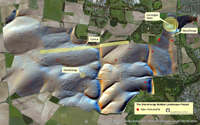 Paisaje alrededor de Stonehenge. Los puntos rojos corresponden a las imágenes de datos magnéticos de monumentos recién descubiertos y que forman parte del Stonehenge Hidden Landscapes Project.