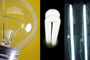 Evolución del sistema de iluminación. En la imagen algunos de los convertidores de energía, cuya función principal es transformar la energía en luz eléctrica: foco incandecente, lámpara LED y luz fluorecente, estas dos últimas tienen una vida más prolongada y mayor aprovechamiento de la energía.