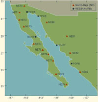 Mapa de la red sísmica de banda ancha del Golfo de California.